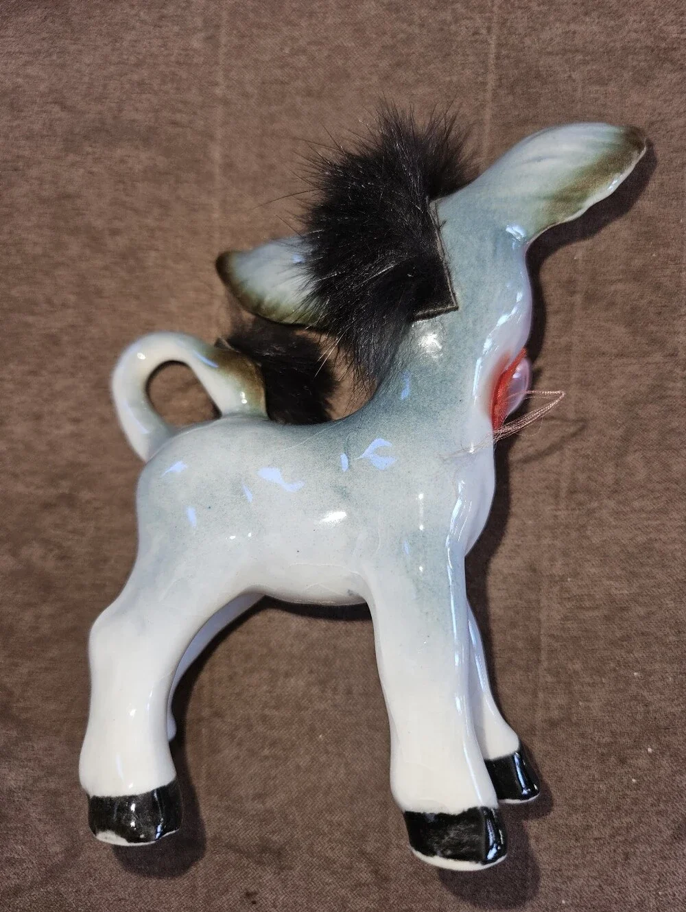 Vintage Porcelain Donkey/Black Rabbit Fur Mane/Tail, Made In Japan, 5